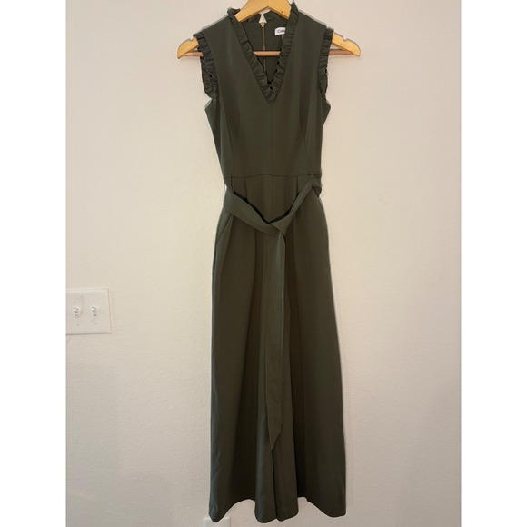 Calvin Klein Pants - Calvin Klein Womens Ruffle V-Neck Wide Leg Jumpsuit Olive Green Size 2 Belted